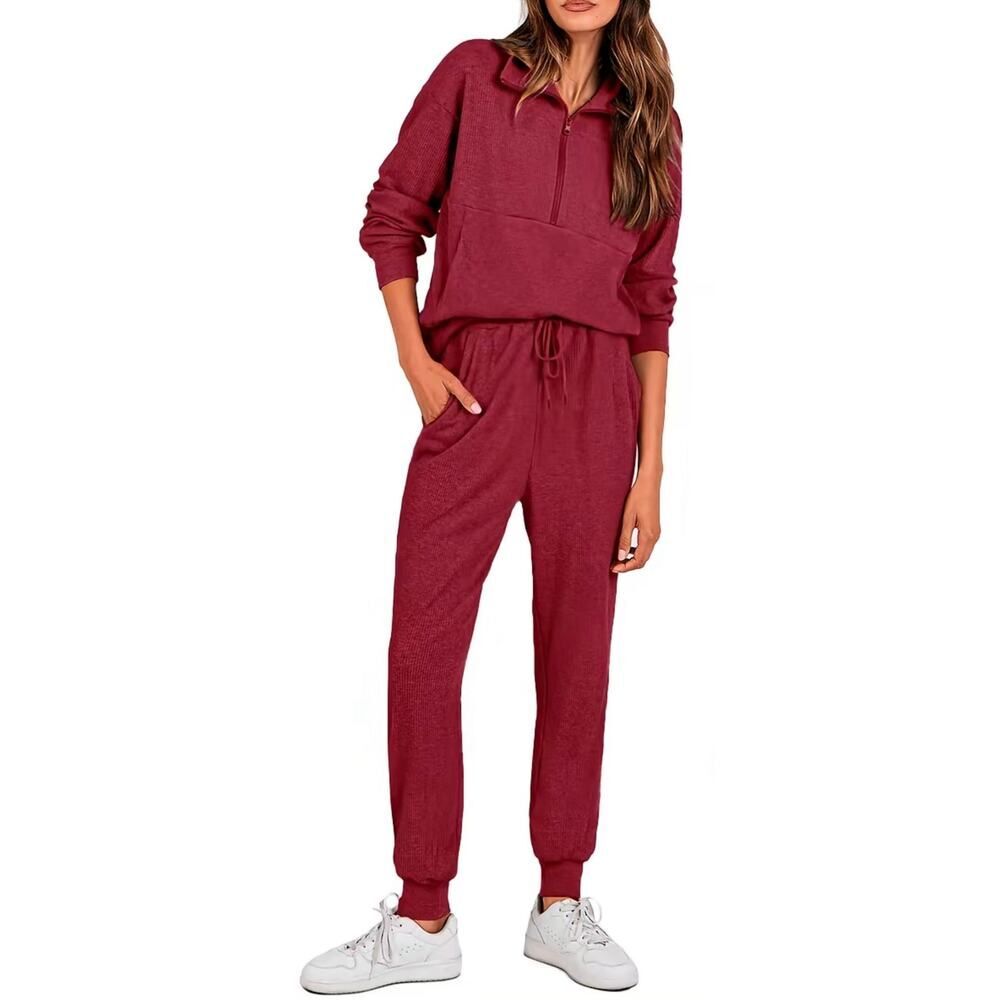 2 Piece Lounge Set Large Red Ribbed Half Zip Pullover Sweatshirt Jogger Pants